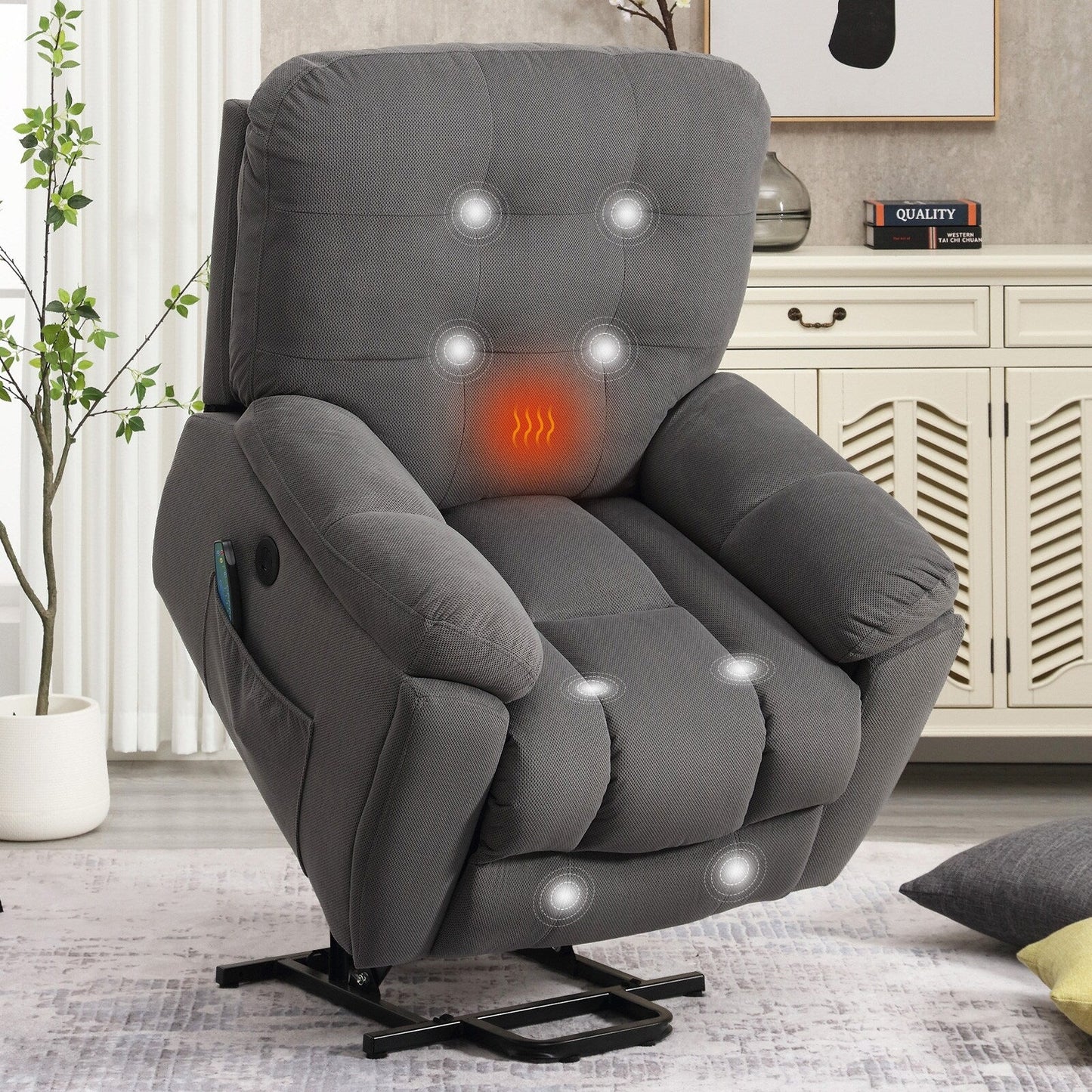 Fauteuil inclinable électrique gris avec massage, chauffage, chargement USB, porte-gobelets dissimulés et positions d'inclinaison réglables