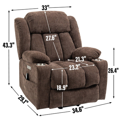 Fauteuil inclinable électrique gris avec massage, chauffage lombaire, ports USB et Type-C et porte-gobelets en acier inoxydable