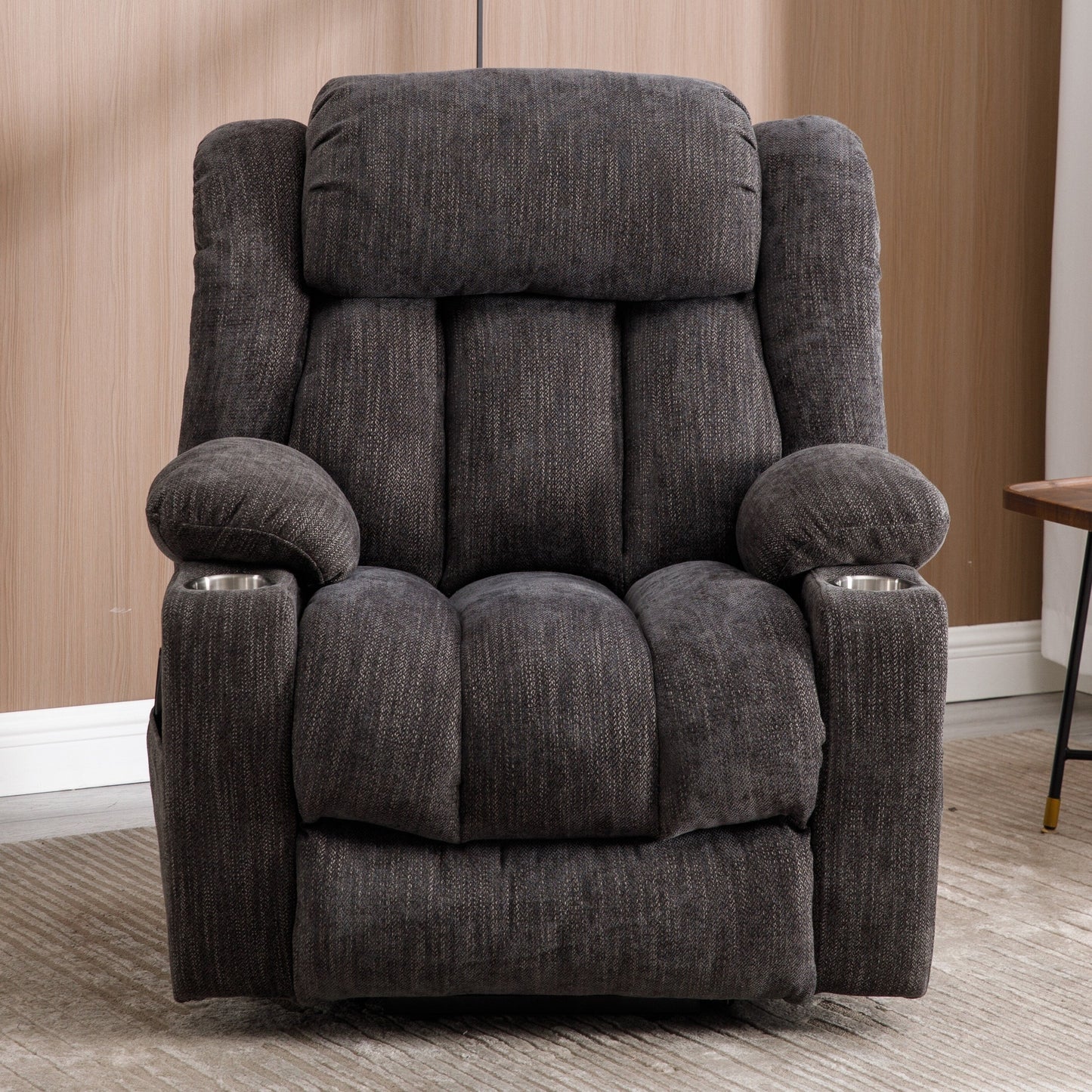 Fauteuil inclinable électrique gris avec massage, chauffage lombaire, ports USB et Type-C et porte-gobelets en acier inoxydable