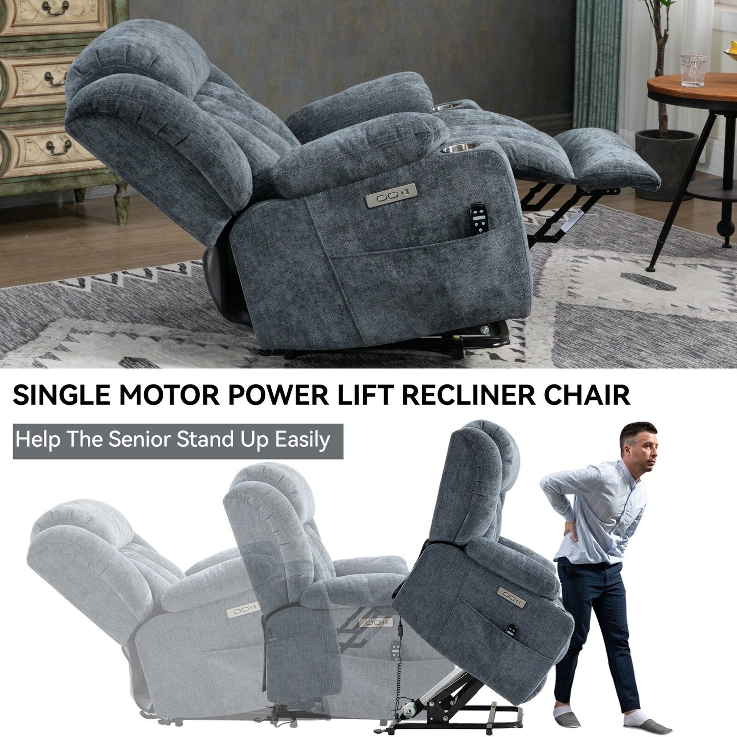 Fauteuil inclinable électrique gris avec massage, chauffage lombaire, ports USB et Type-C et porte-gobelets en acier inoxydable