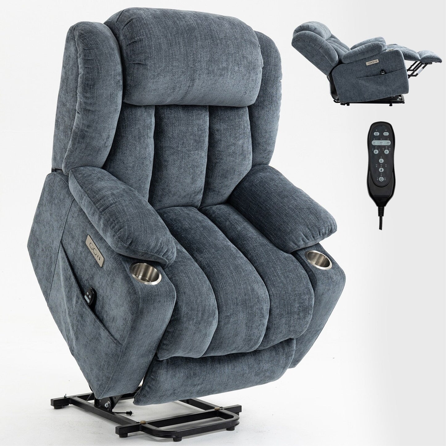 Fauteuil inclinable électrique gris avec massage, chauffage lombaire, ports USB et Type-C et porte-gobelets en acier inoxydable