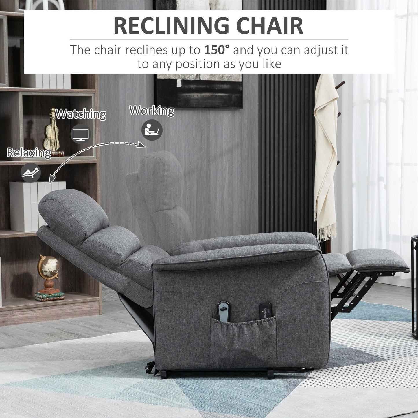 Fauteuil inclinable électrique gris avec massage, télécommande et repose-pieds réglable