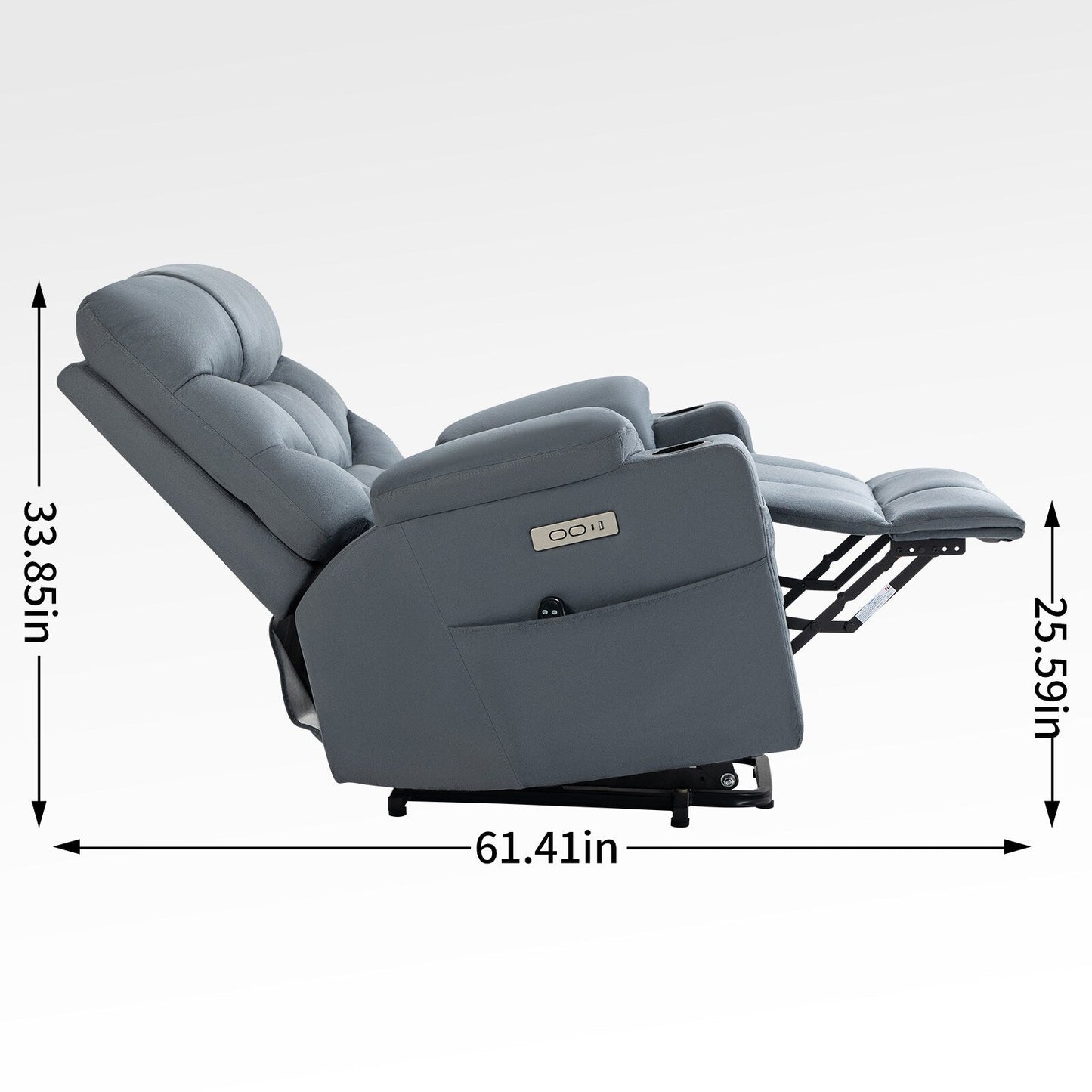 Fauteuil inclinable électrique gris avec moteur OKIN, massage, chauffage, port USB et porte-gobelets