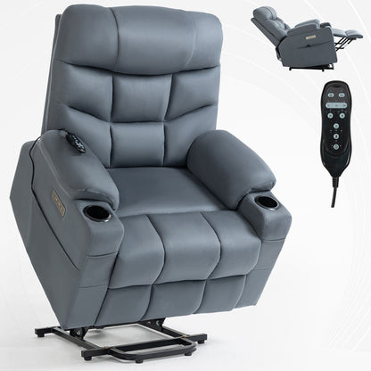 Fauteuil inclinable électrique gris avec moteur OKIN, massage, chauffage, port USB et porte-gobelets