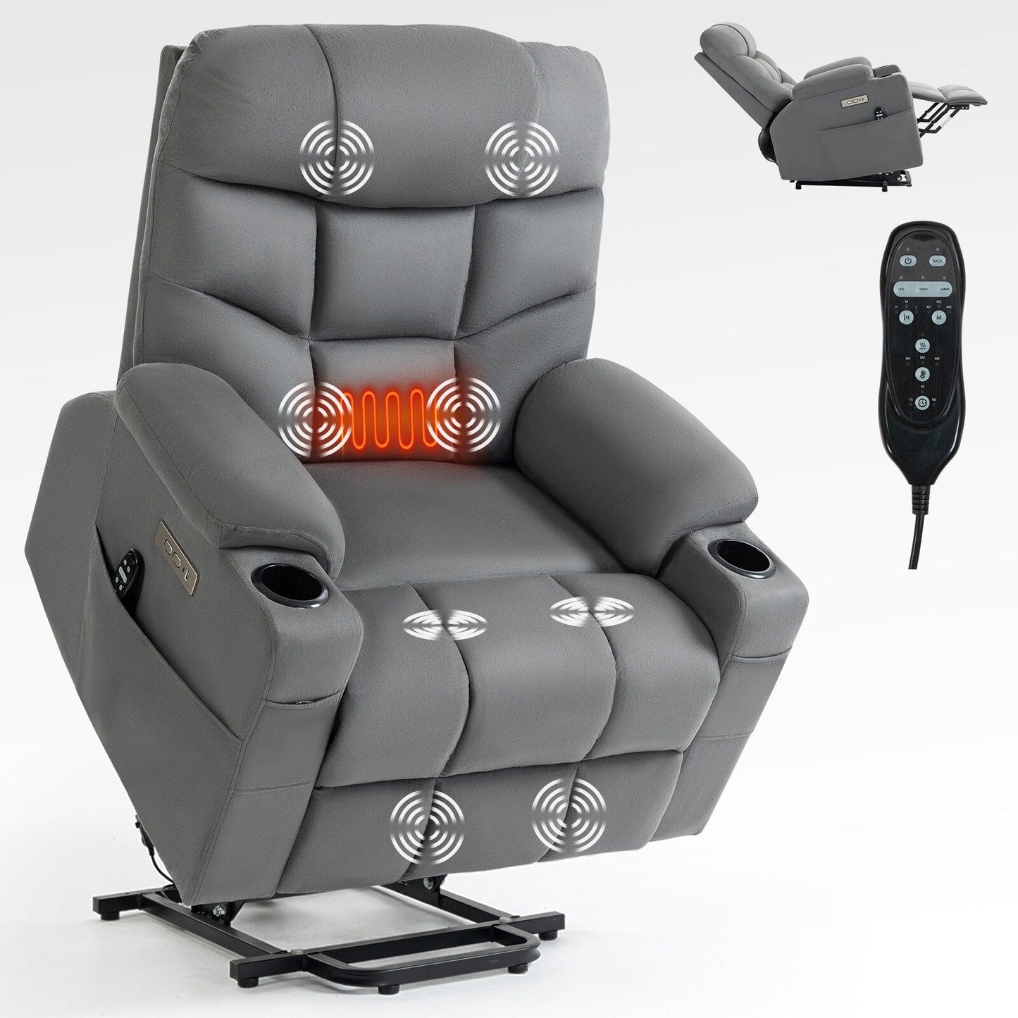 Fauteuil inclinable électrique gris avec moteur OKIN, massage, chauffage, port USB et porte-gobelets