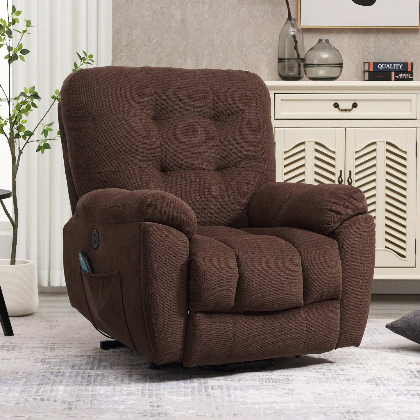 Fauteuil inclinable électrique gris avec massage par vibration, chauffage, port USB et porte-gobelets dissimulés