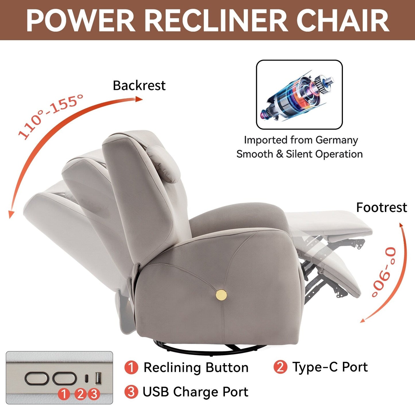 Fauteuil inclinable électrique gris pivotant à 270°, mouvement de bascule, soutien lombaire et cervical, ports de charge USB et Type-C, montage facile