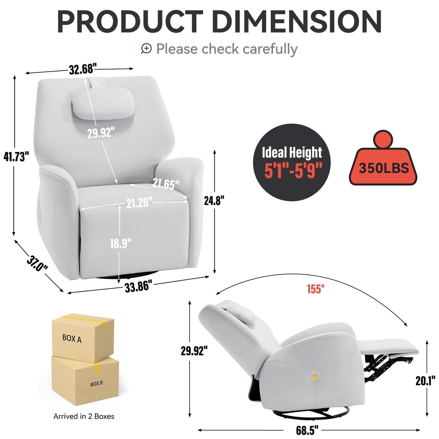 Fauteuil inclinable électrique gris pivotant à 270° et ports de chargement USB