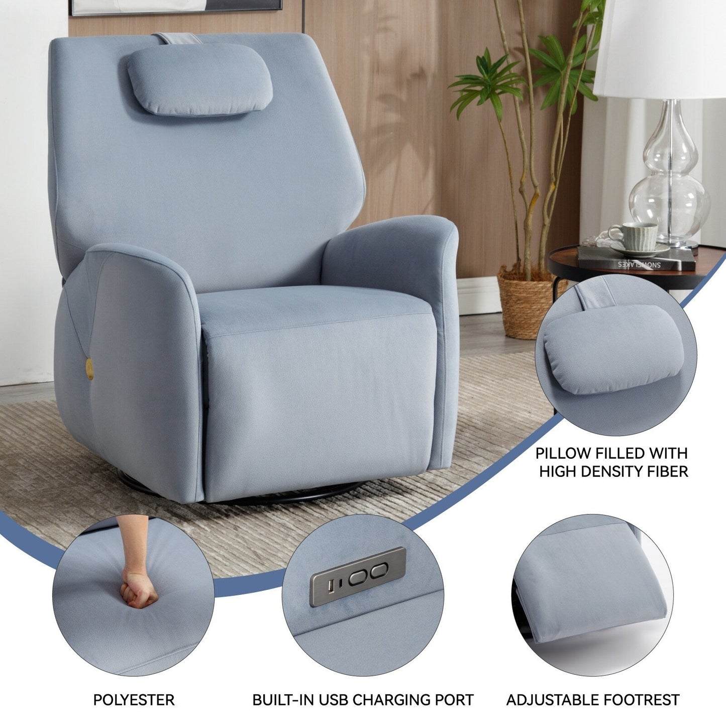 Fauteuil inclinable électrique gris pivotant à 270°, mouvement de bascule, support cervical et lombaire, ports USB et Type-C, et installation facile