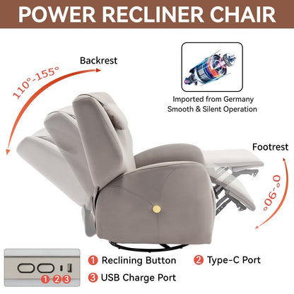 Fauteuil inclinable électrique gris pivotant à 270°, mouvement de bascule, support cervical et lombaire, ports USB et Type-C, et installation facile