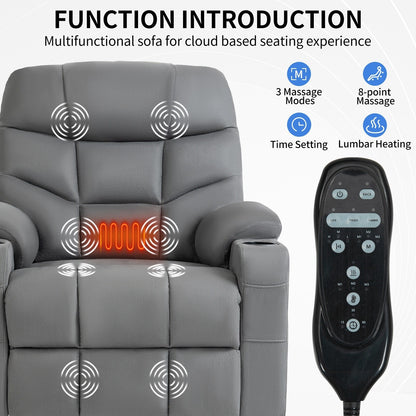 Fauteuil inclinable électrique gris avec moteur OKIN, massage 8 points, chauffage lombaire, ports USB et Type-C et deux porte-gobelets