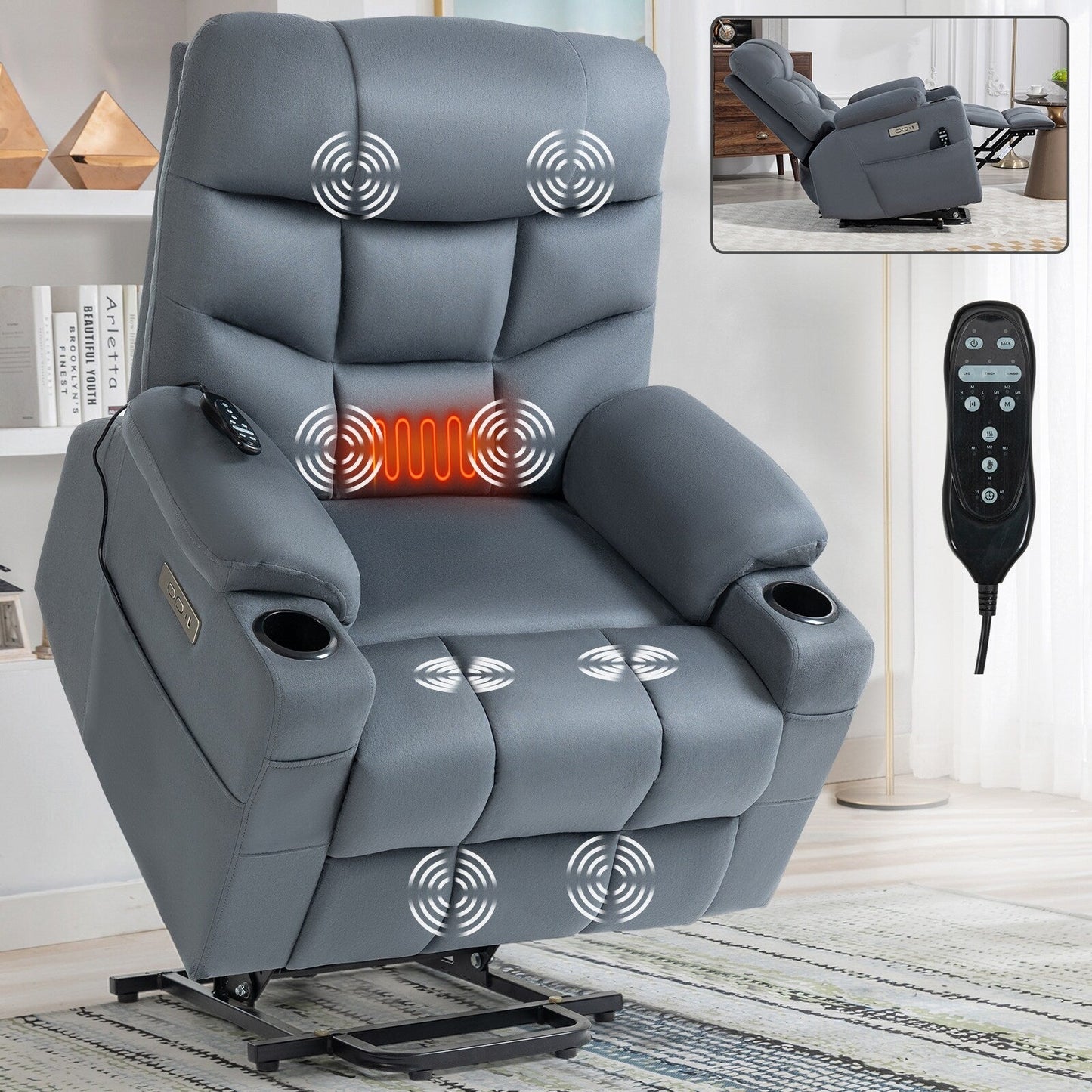 Fauteuil inclinable électrique gris avec moteur OKIN, massage 8 points, chauffage lombaire, ports USB et Type-C et deux porte-gobelets