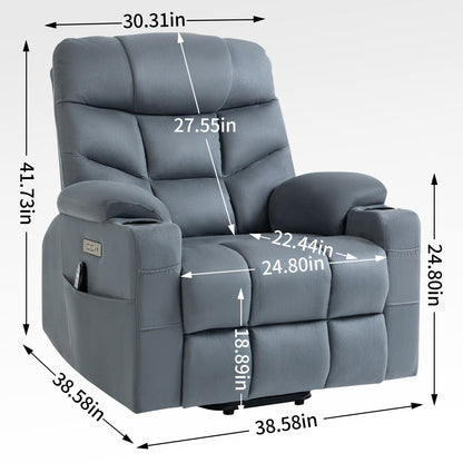 Fauteuil inclinable électrique gris avec moteur OKIN, massage 8 points, chauffage lombaire, ports USB et Type-C et deux porte-gobelets