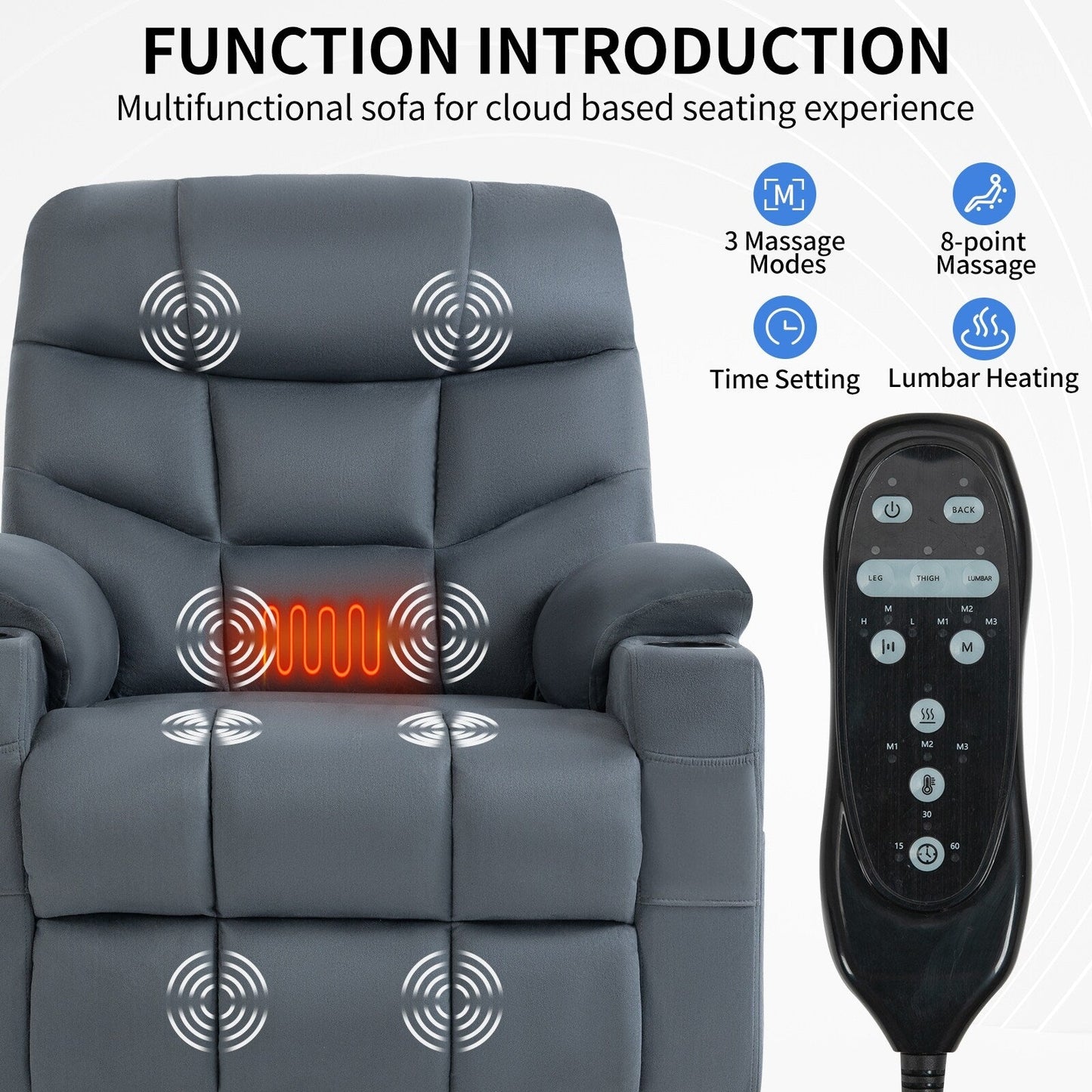 Fauteuil inclinable électrique gris avec moteur OKIN, massage 8 points, chauffage lombaire, ports USB et Type-C et deux porte-gobelets
