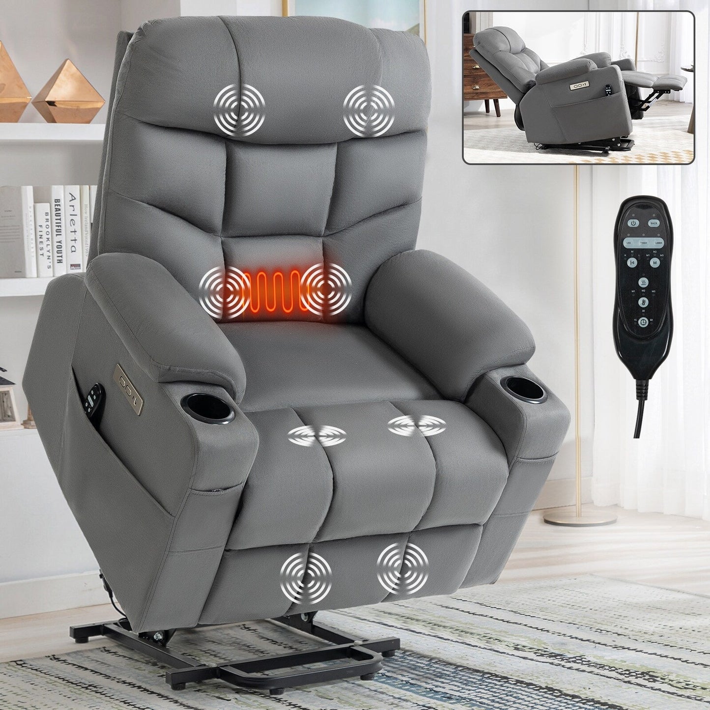 Fauteuil inclinable électrique gris avec moteur OKIN, massage 8 points, chauffage lombaire, ports USB et Type-C et deux porte-gobelets