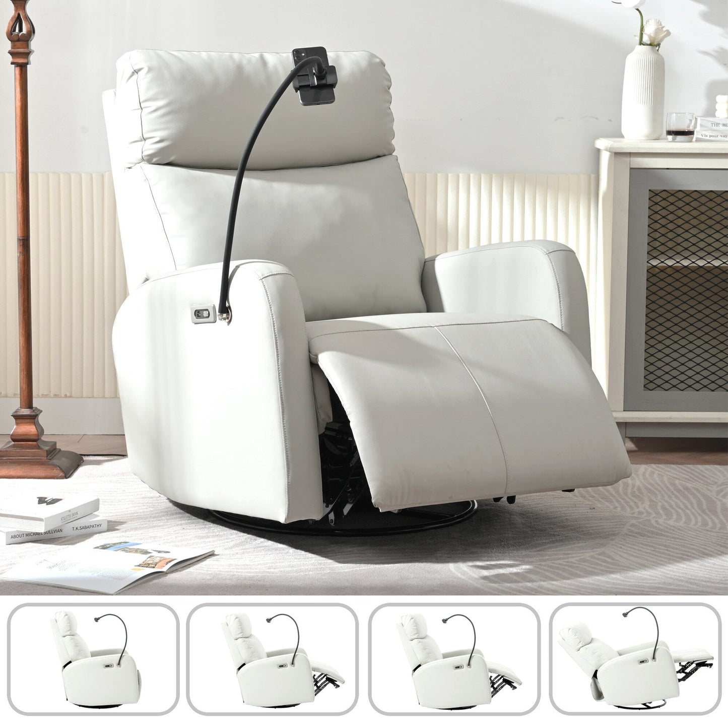 Fauteuil inclinable électrique gris avec pivot, ports USB et repose-pieds réglable
