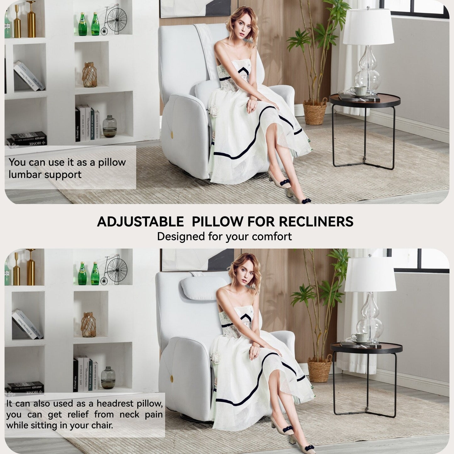 Fauteuil inclinable pivotant gris avec support lombaire, coussin de nuque, rotation à 270° et ports USB et Type-C