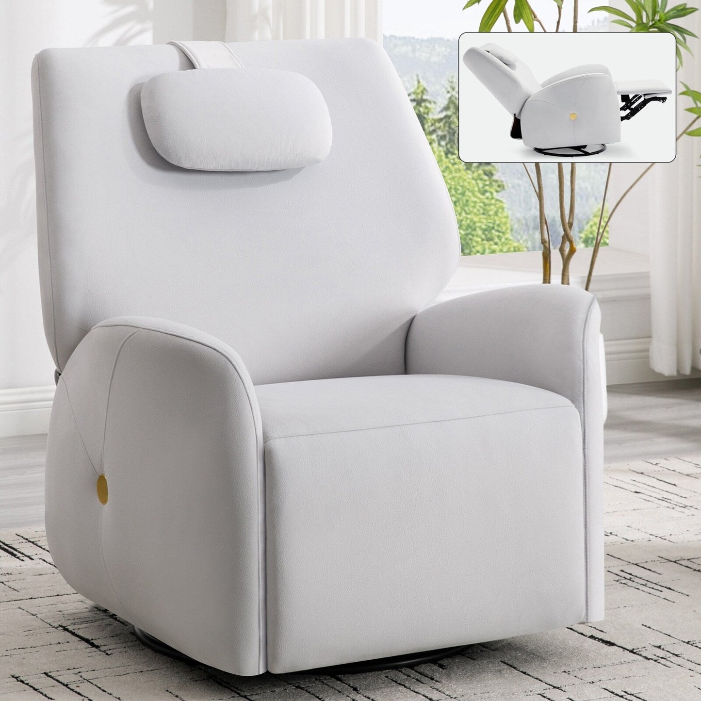 Fauteuil inclinable pivotant gris avec support lombaire, coussin de nuque, rotation à 270° et ports USB et Type-C