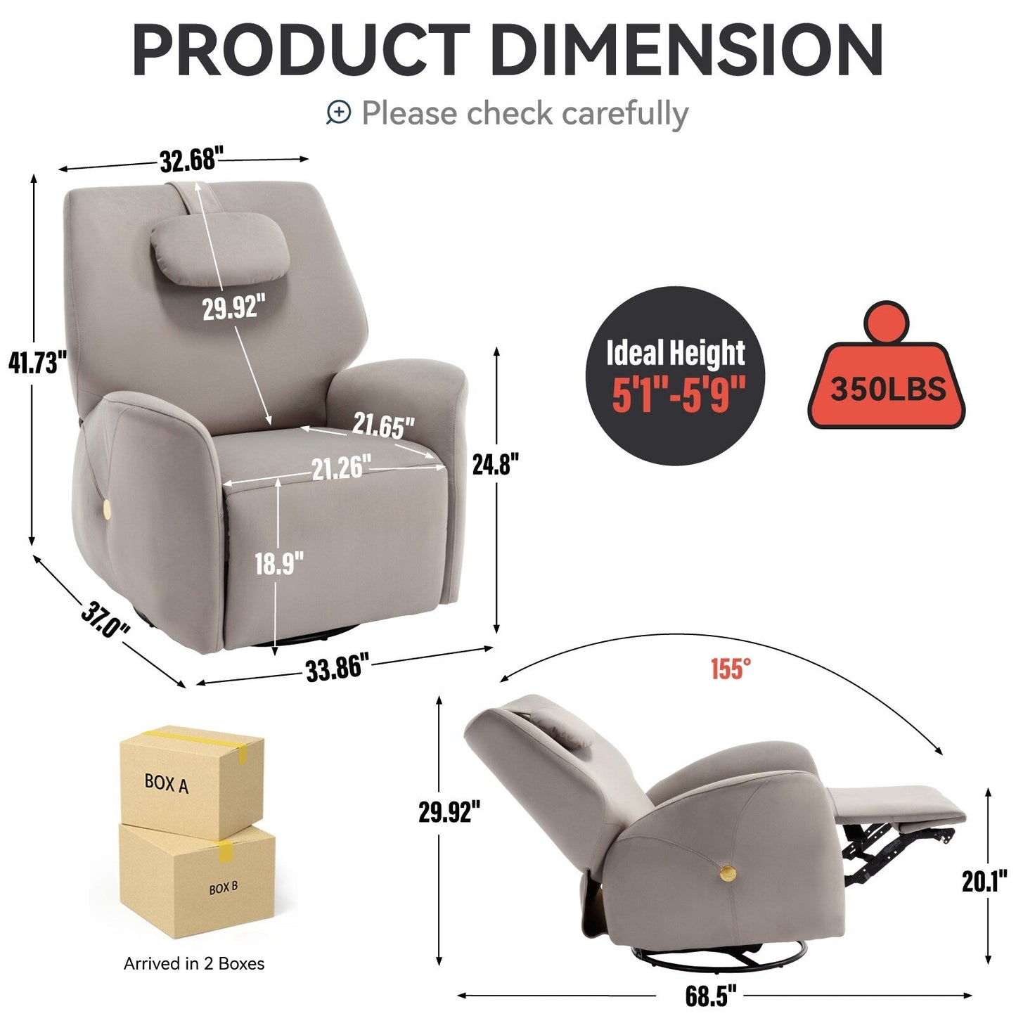 Fauteuil inclinable pivotant gris avec support lombaire, coussin de nuque, rotation à 270° et connexions USB et Type-C