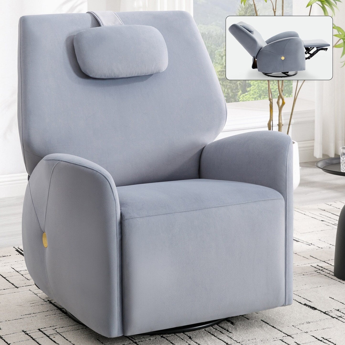 Fauteuil inclinable pivotant gris avec support lombaire, coussin de nuque, rotation à 270° et connexions USB et Type-C