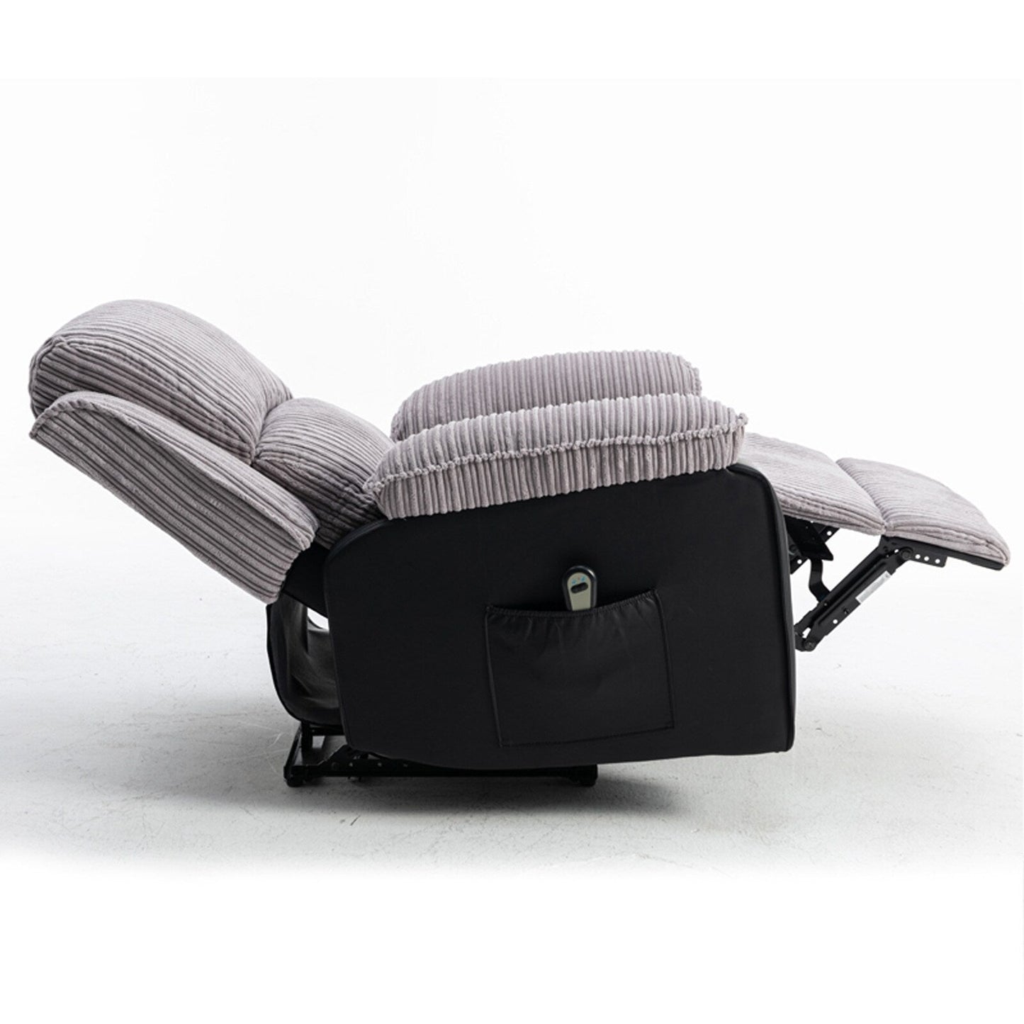 Fauteuil inclinable gris avec télécommande électrique, dossier et repose-pieds réglables pour un confort optimal au salon