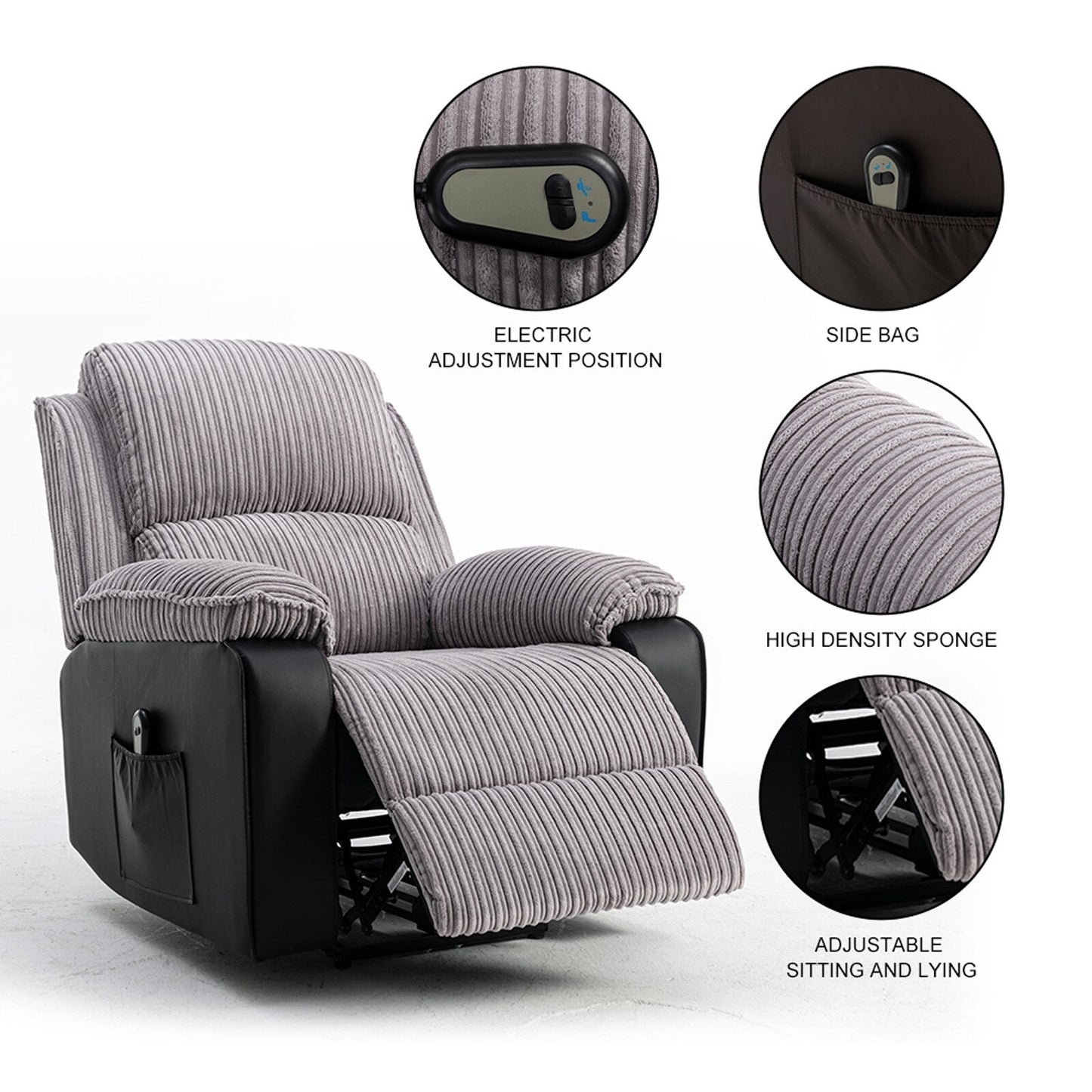 Fauteuil inclinable gris avec télécommande électrique, dossier et repose-pieds réglables pour un confort ultime dans le salon