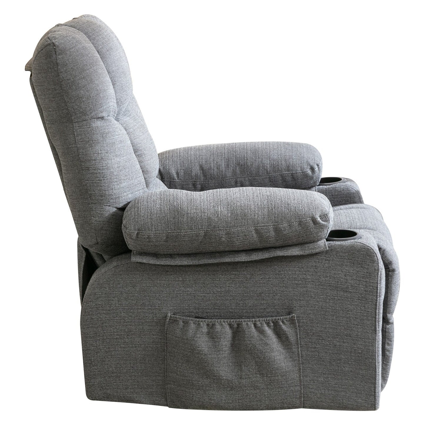 Fauteuil inclinable gris avec massage chauffant, ports USB, poches latérales et deux porte-gobelets pour la détente