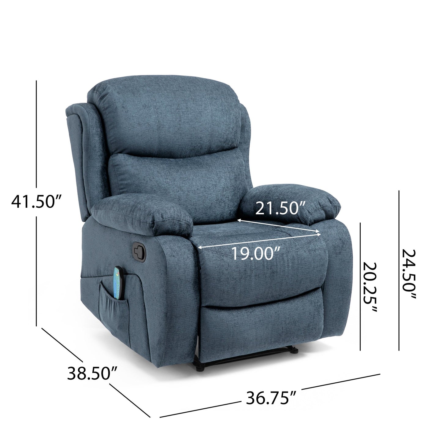 Fauteuil inclinable gris avec inclinaison manuelle, chauffage, 5 modes de massage, télécommande et poche de rangement latérale