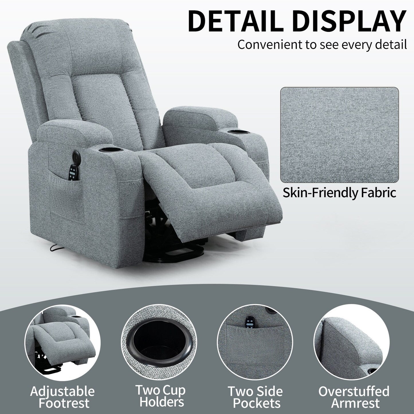 Fauteuil inclinable électrique gris pour personnes âgées avec massage et chauffage, chargement USB, porte-gobelets et positions d'inclinaison réglables