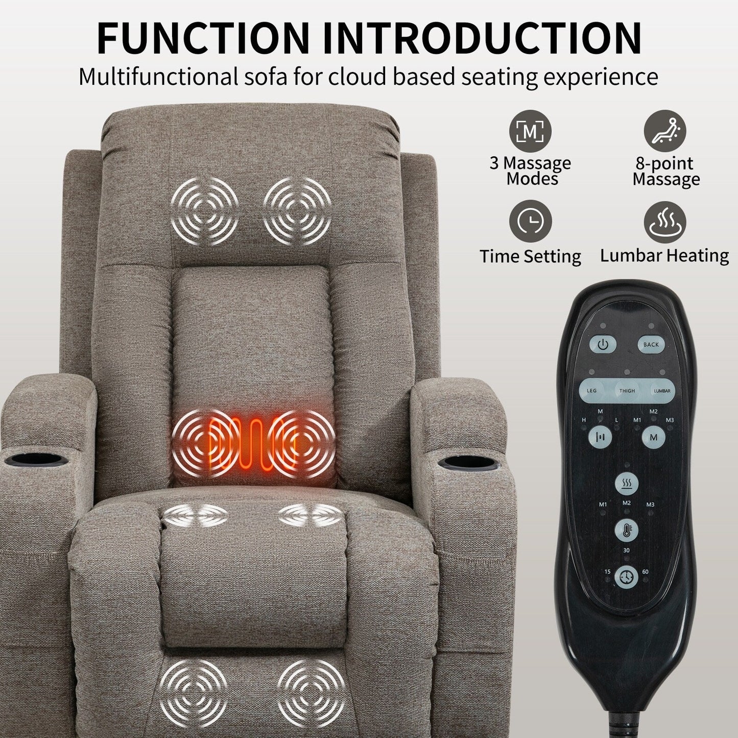 Fauteuil inclinable électrique gris pour personnes âgées avec massage et chauffage, chargement USB, porte-gobelets et positions d'inclinaison réglables