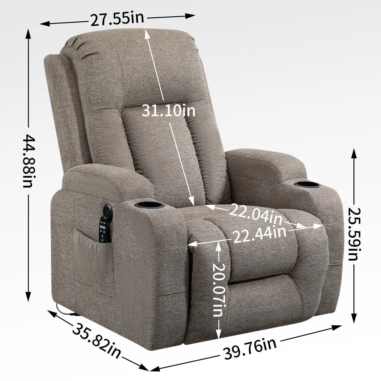Fauteuil inclinable électrique gris pour personnes âgées avec massage et chauffage, chargement USB, porte-gobelets et inclinaison réglable
