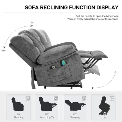 Fauteuil inclinable électrique gris pour senior avec massage et chauffage, capacité de 150 kg et inclinaison réglable jusqu'à 150°