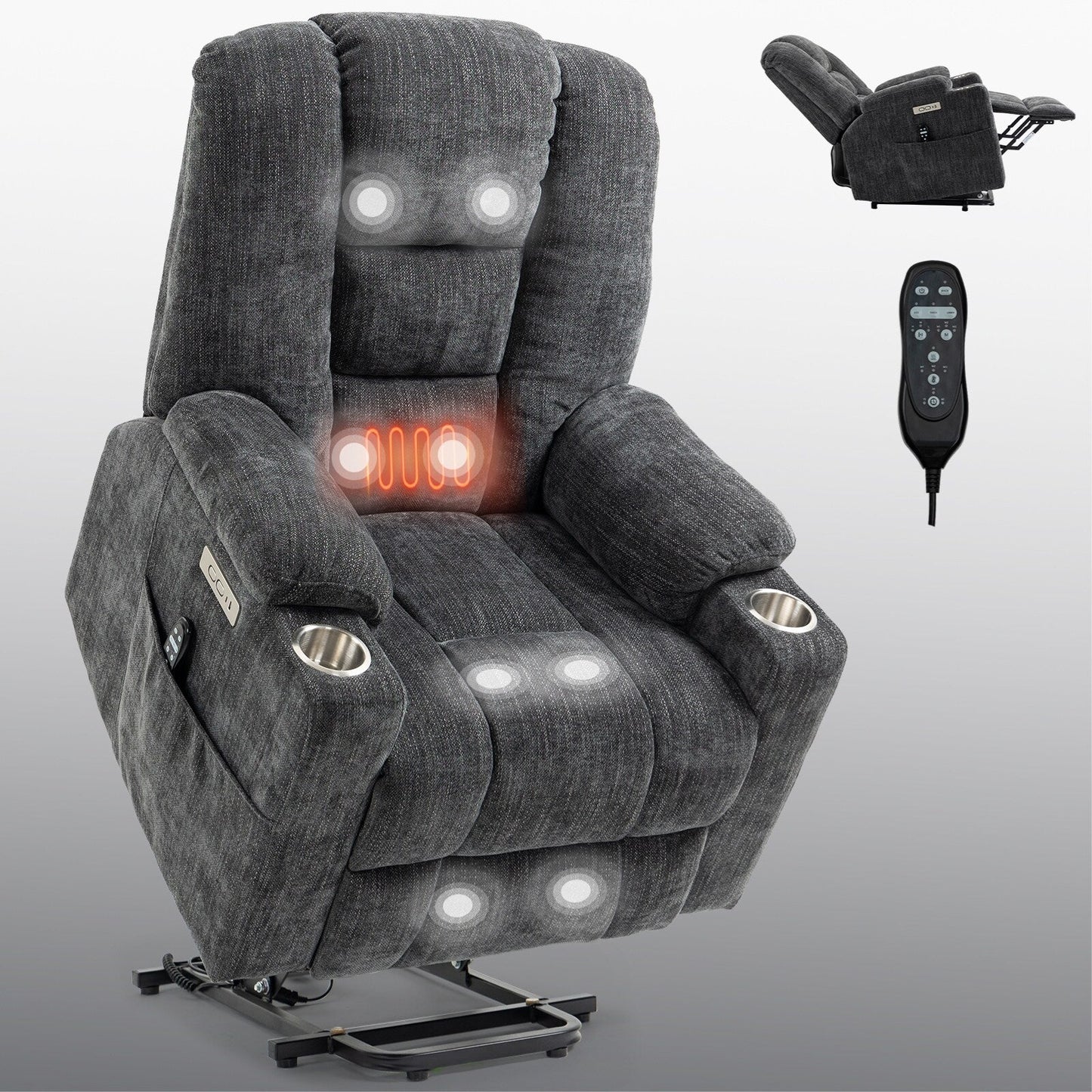 Fauteuil inclinable électrique spacieux gris avec massage, chauffage, deux ports USB, chargement Type-C et porte-gobelets
