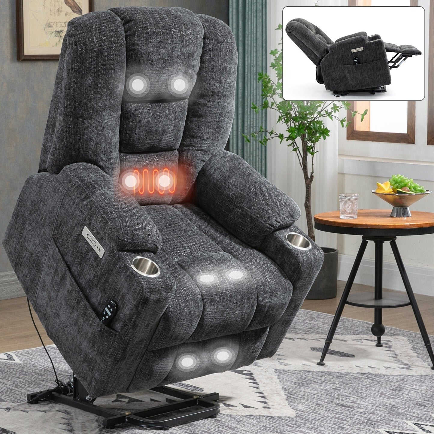 Fauteuil inclinable électrique spacieux gris avec massage, chauffage, deux ports USB, chargement de type C et porte-gobelets