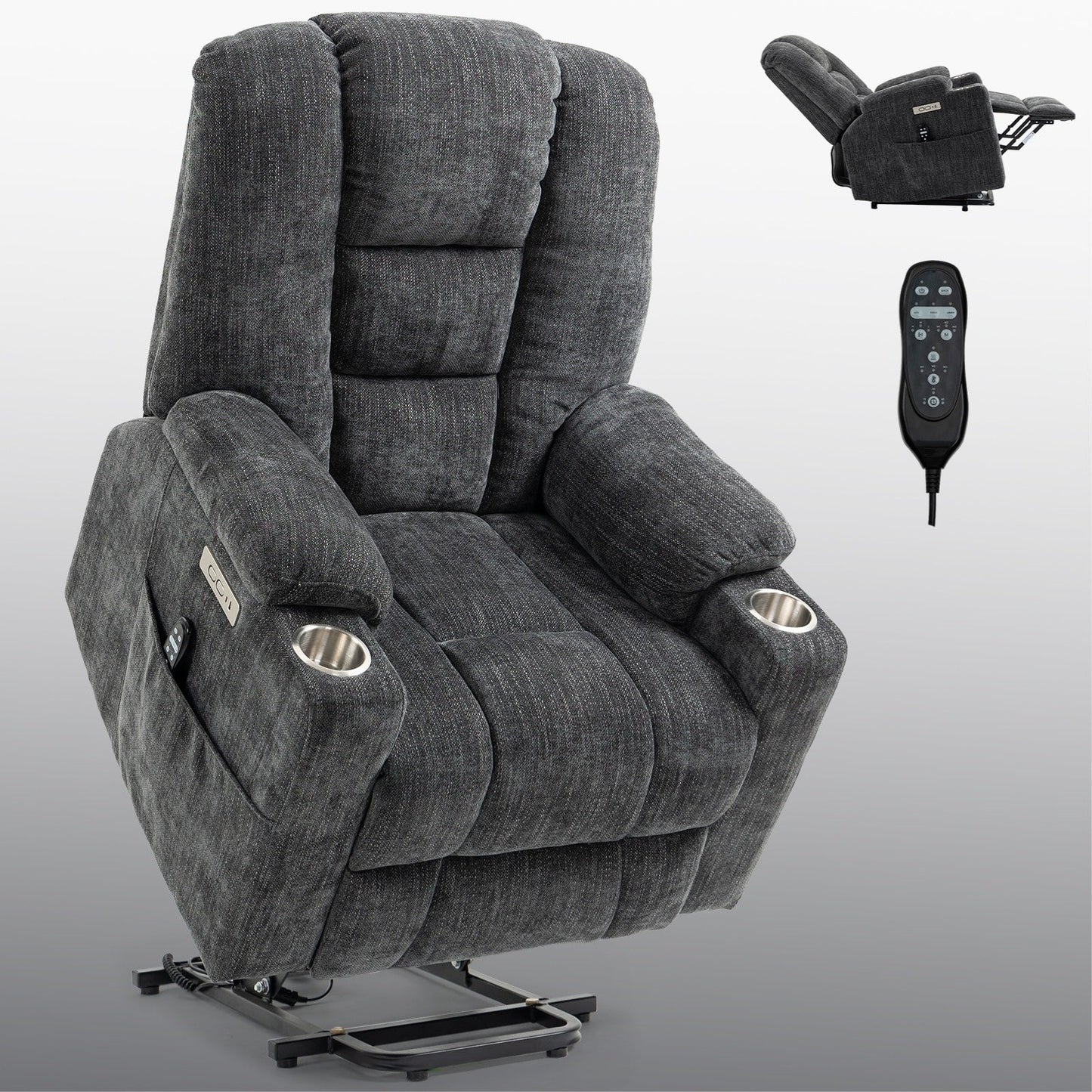Fauteuil inclinable électrique spacieux gris avec massage, chauffage, deux ports USB, chargement de type C et porte-gobelets