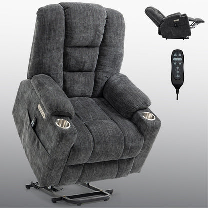 Fauteuil inclinable électrique spacieux gris avec massage, chauffage, deux ports USB, chargement de type C et porte-gobelets