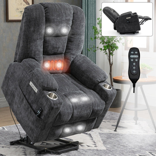 Fauteuil inclinable électrique spacieux gris avec massage, chauffage, deux ports USB, chargement de type C et porte-gobelets