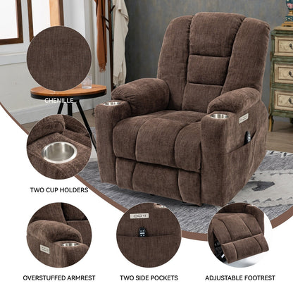 Fauteuil inclinable électrique spacieux gris avec massage, chauffage, deux ports USB, chargement de type C et porte-gobelets