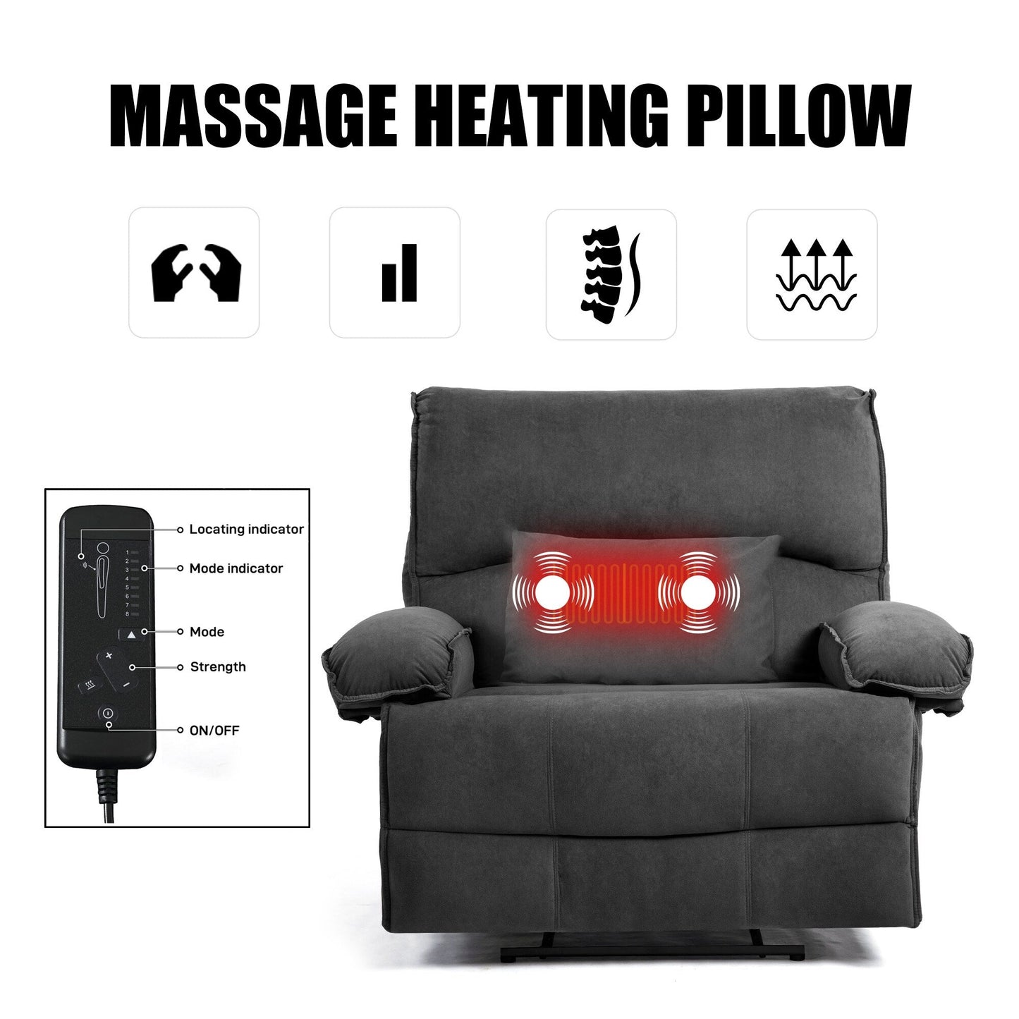 Canapé inclinable spacieux gris avec revêtement en polaire ultra doux et coussin de massage chauffant