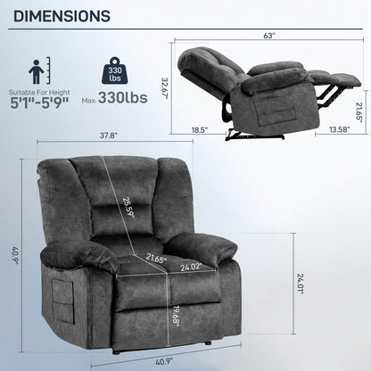 Fauteuil inclinable spacieux gris avec massage à 8 points, lombaire chauffant, inclinaison réglable et cadre robuste