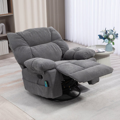Fauteuil inclinable manuel pivotant gris avec massage par vibration, chauffage, repose-pieds, télécommande et quatre poches latérales