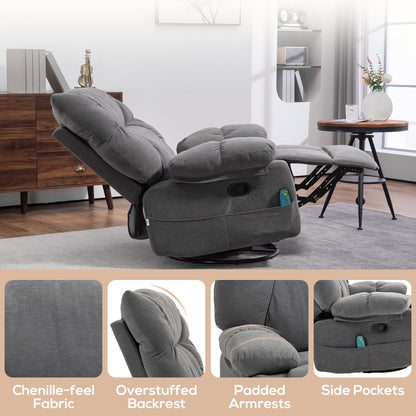 Fauteuil inclinable manuel pivotant gris avec massage par vibration, chauffage, repose-pieds, télécommande et 4 poches latérales