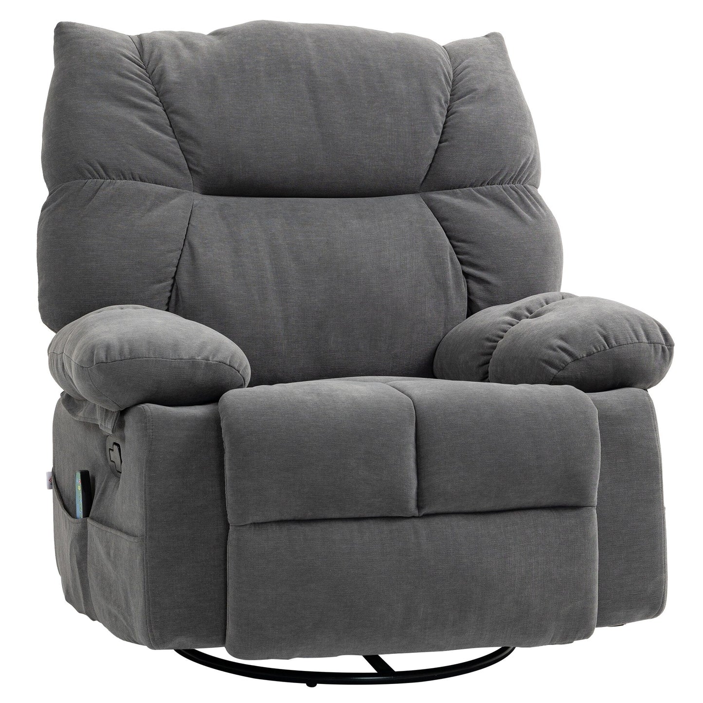 Fauteuil inclinable manuel pivotant gris avec massage par vibration, chauffage, repose-pieds, télécommande et quatre poches latérales pratiques