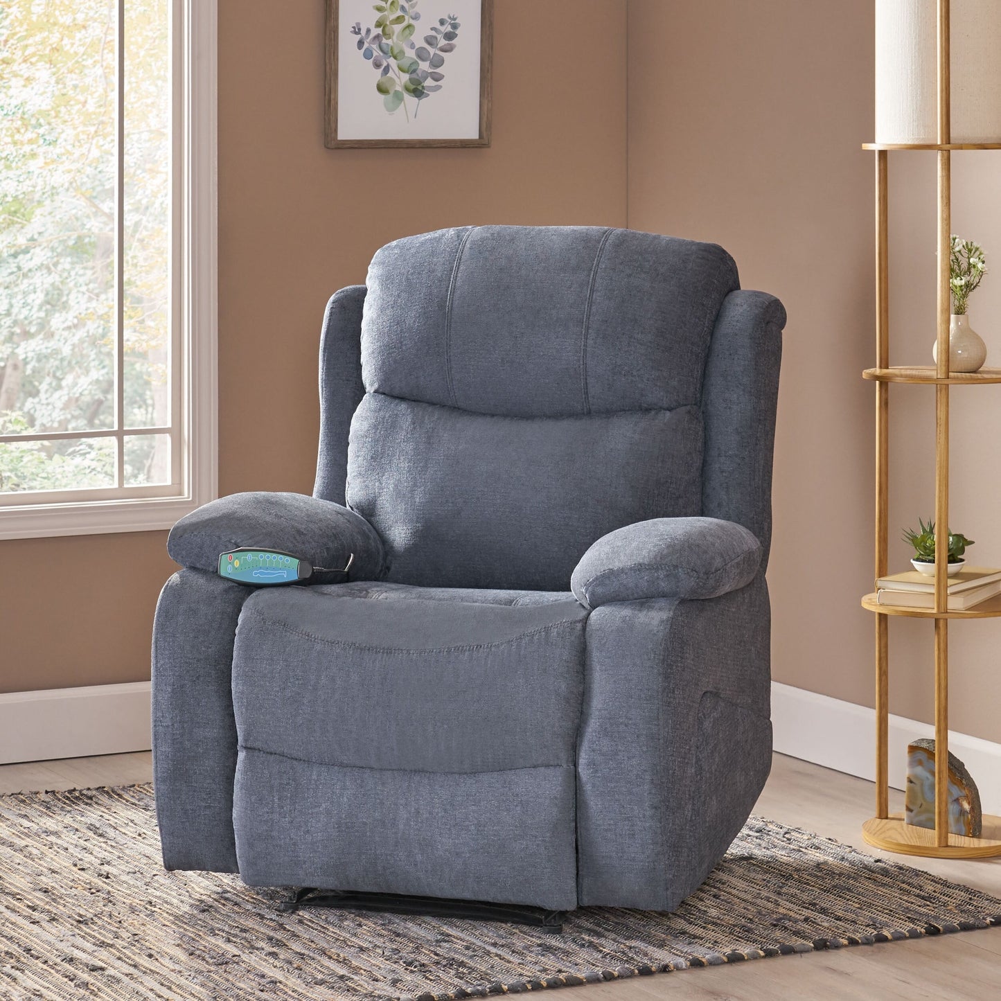 Fauteuil inclinable de massage capitonné gris avec chauffage, 5 modes de massage, inclinaison manuelle, télécommande et poche latérale