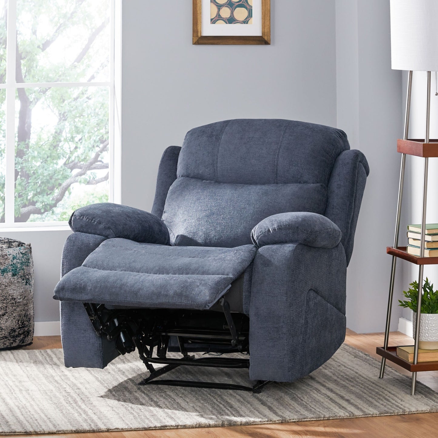 Fauteuil de massage inclinable gris capitonné avec chauffage, télécommande et inclinaison manuelle - 5 modes de massage, poche latérale