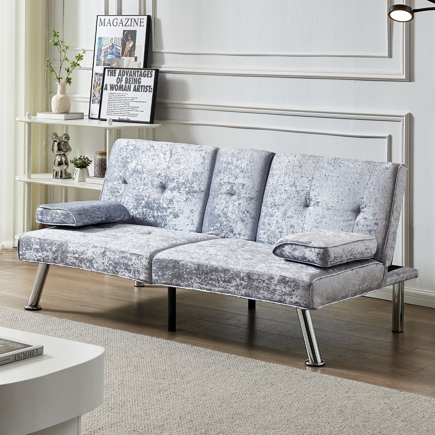 Canapé-lit futon en velours gris avec porte-gobelets