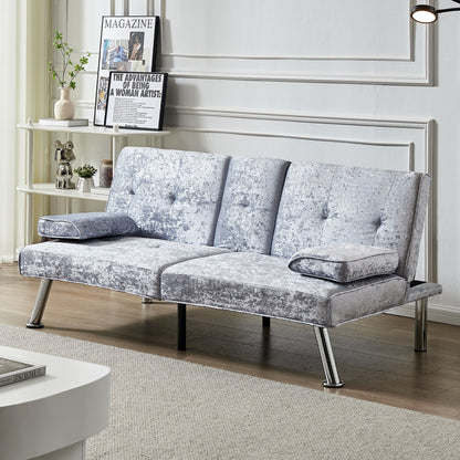 Canapé-lit futon en velours gris avec porte-gobelets