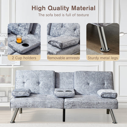 Canapé-lit futon en velours gris avec porte-gobelets