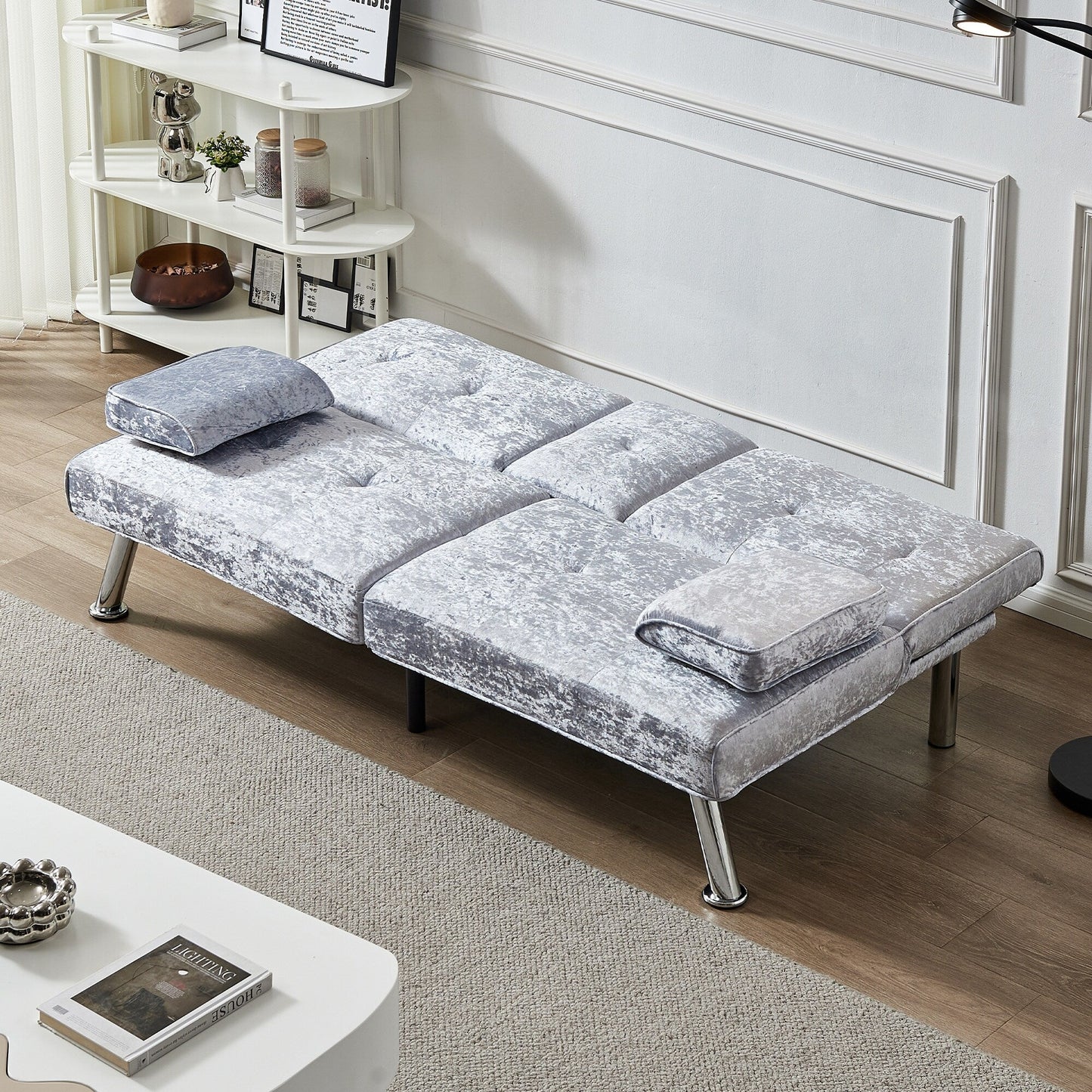 Canapé-lit futon en velours gris avec porte-gobelets