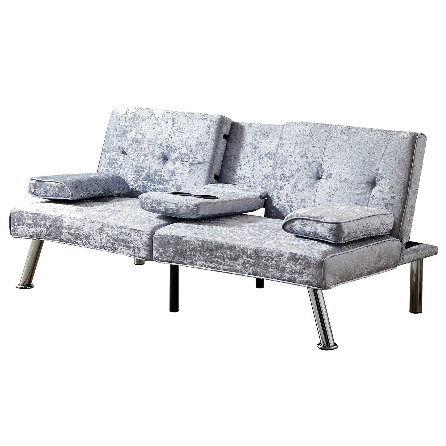 Canapé-lit futon en velours gris avec porte-gobelets